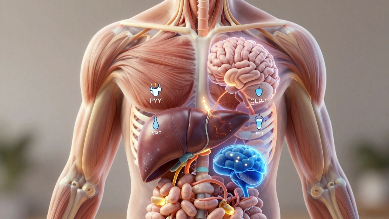 A translucent human body showing protein's biological effects on muscles, brain, and sleep hormones.