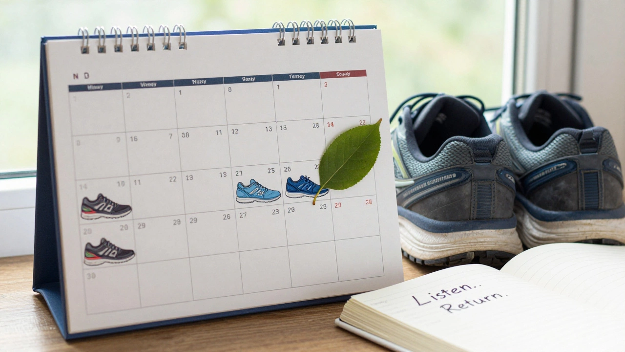 A weekly calendar showing running days, rest days, and a blank day with a leaf, beside worn running shoes.