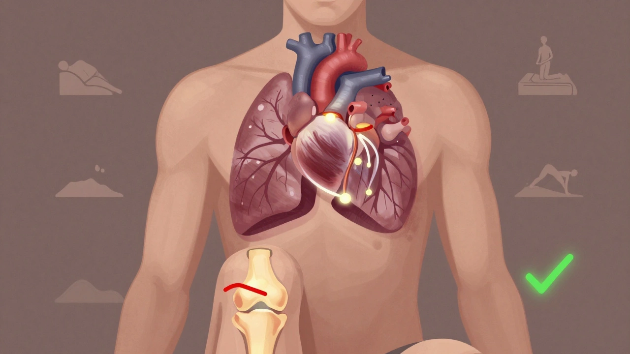 Cross-sectional view of a body showing improved heart and lungs, with icons for rest and strength training.