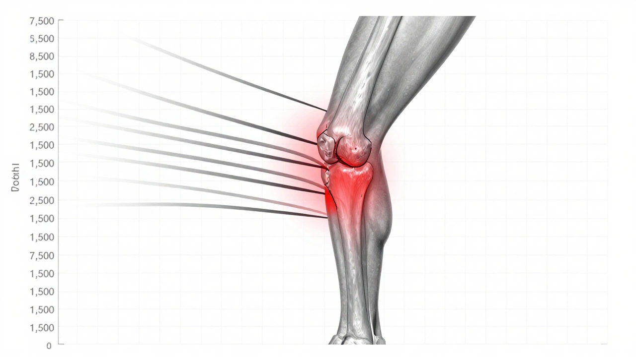 Detailed cross-section of a knee joint with accumulating stress markers from repeated jump squats over 7,500 impacts.