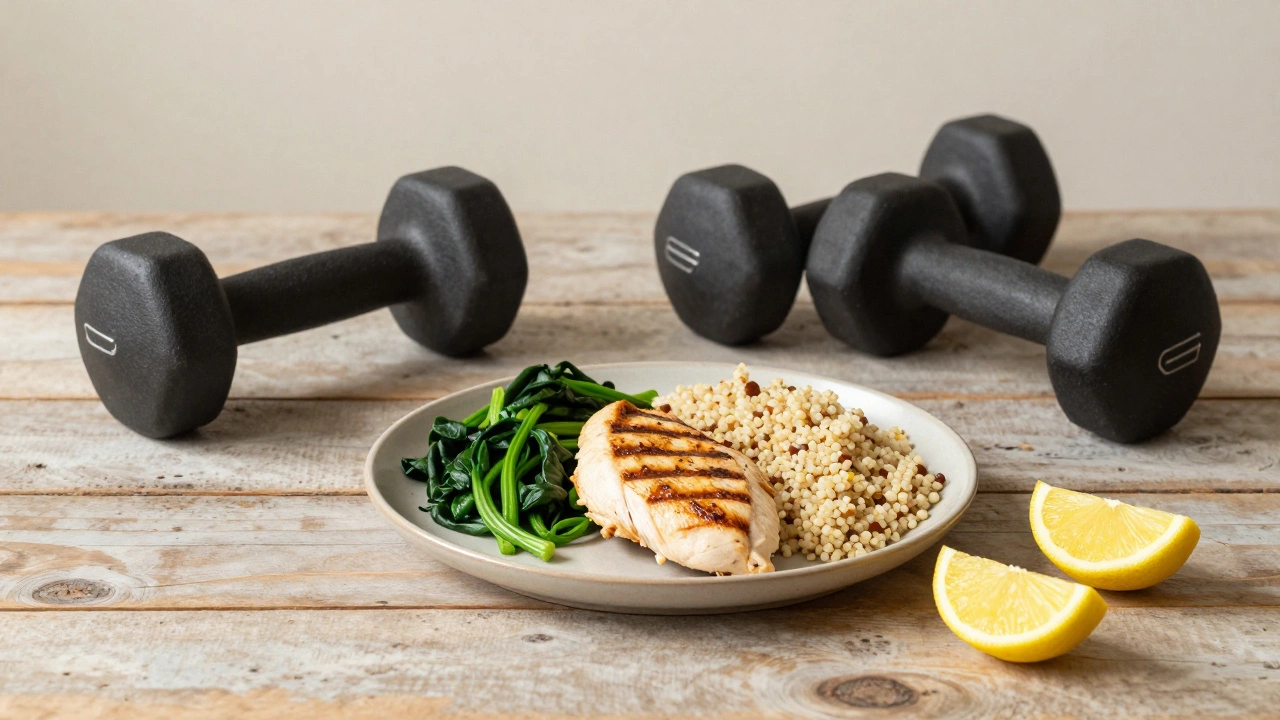 Healthy meal and dumbbells on table