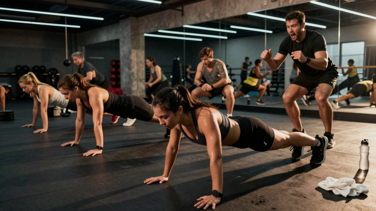 High-intensity group workout with participants performing squats and burpees, trainer encouraging the class.