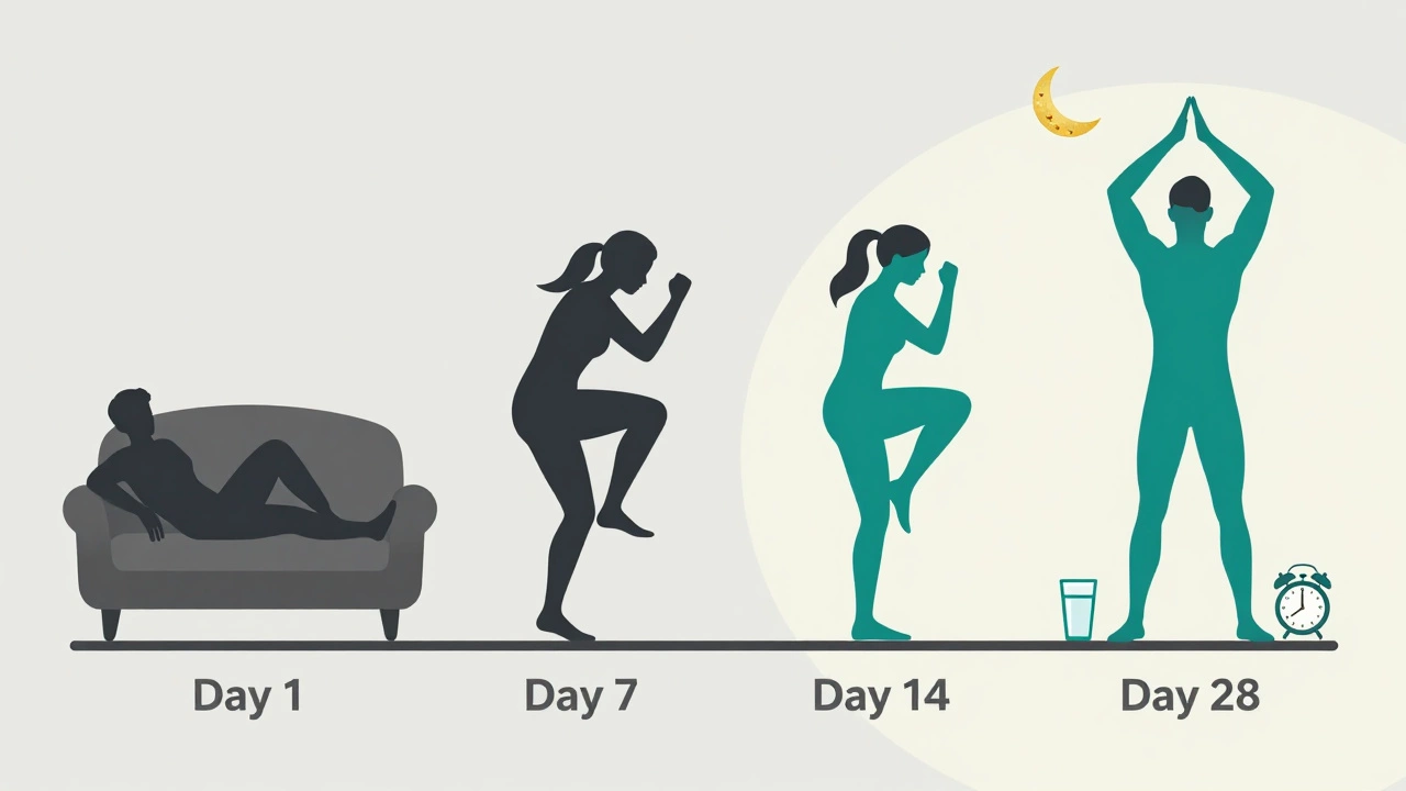 Minimalist timeline showing body transformation over four weeks through home workouts.