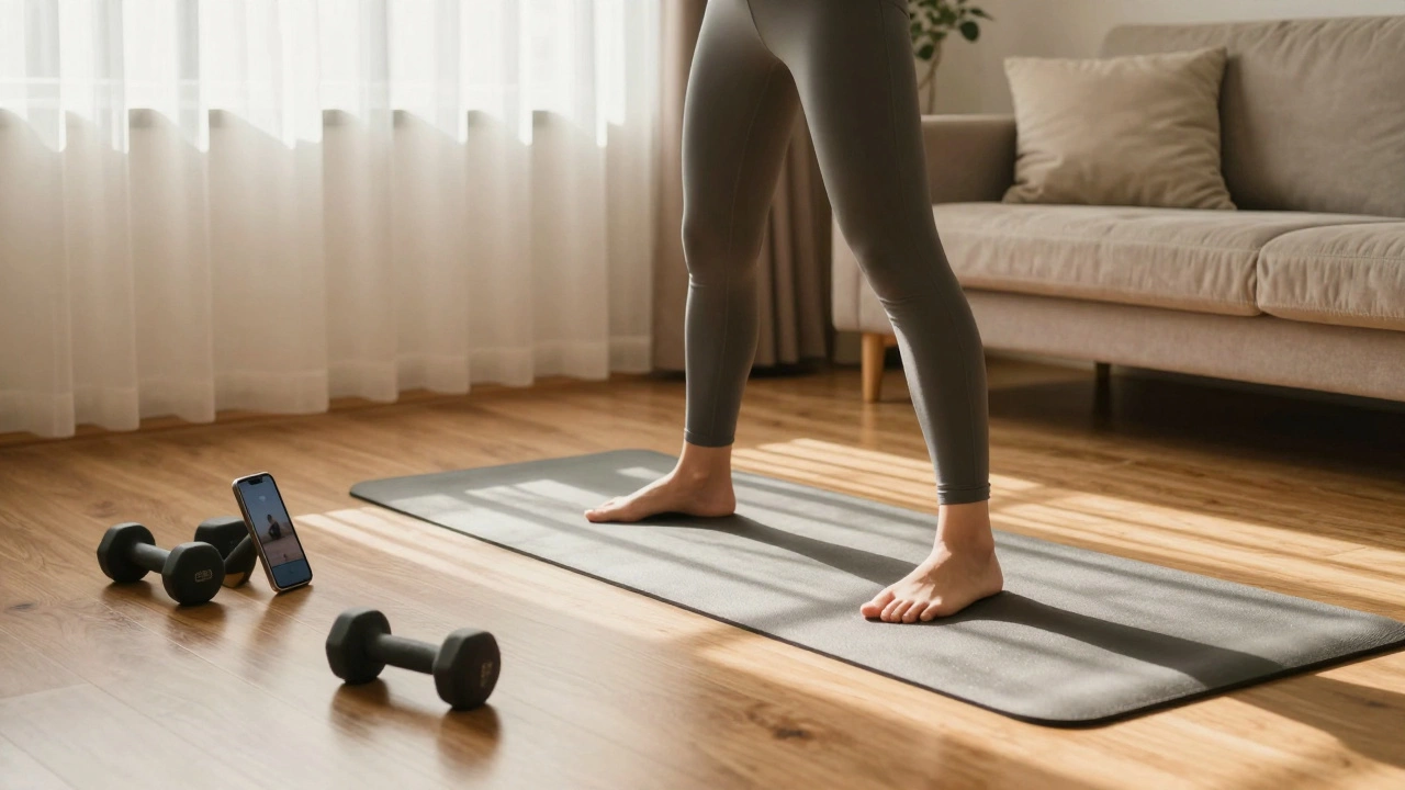 Person exercising in a sunlit living room with a phone nearby