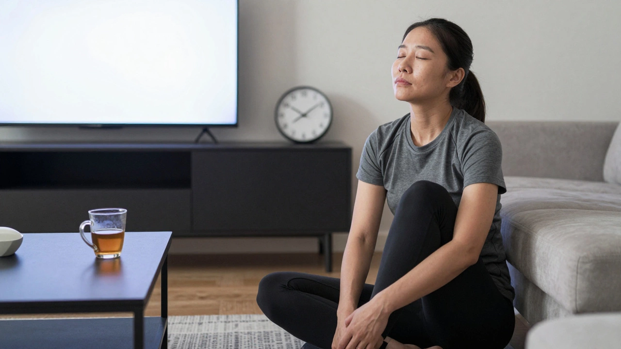 Someone resting peacefully after exercise, breathing deeply while a TV plays softly in the background.