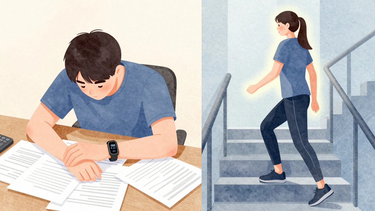 Split image showing a person moving from sedentary desk work to active stair climbing, with rising step count.