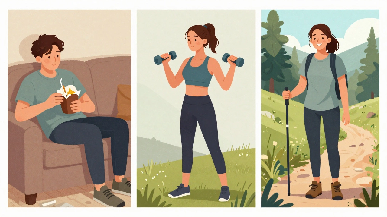 Split-panel illustration showing transformation from sedentary to active lifestyle