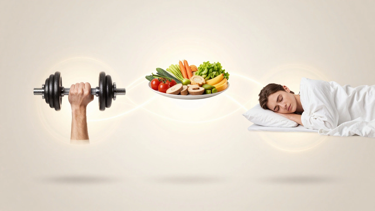 Three pillars of fitness represented as interconnected elements in golden light