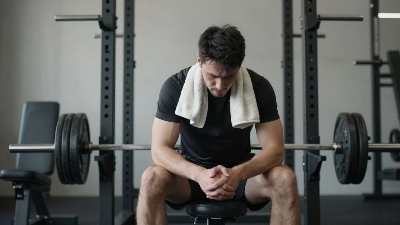 Weightlifter resting on bench recovering between sets