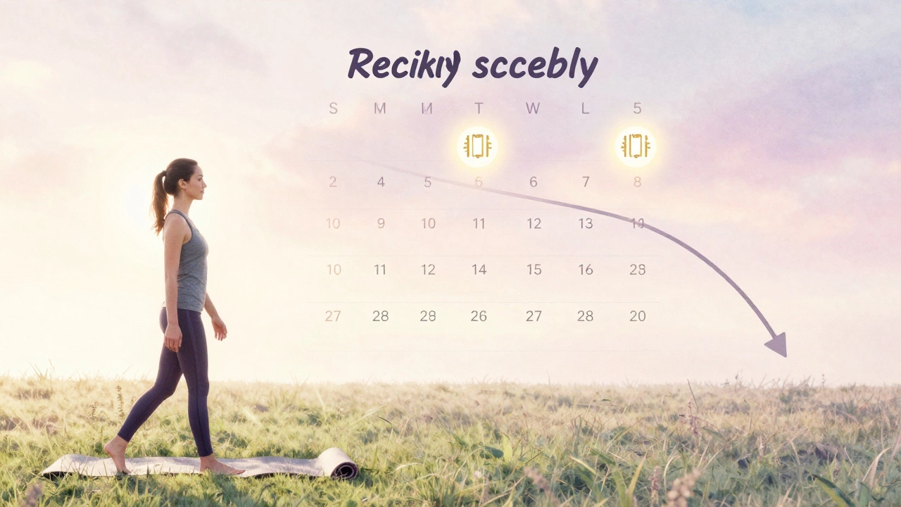 Woman walking peacefully at sunrise with a weekly calendar showing three spaced HIIT sessions and declining cortisol levels.