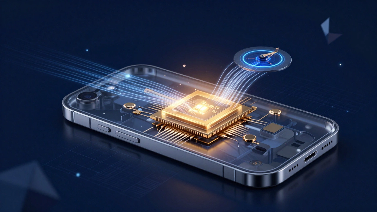 3D render of a smartphone's internal motion coprocessor and sensors with glowing data lines.