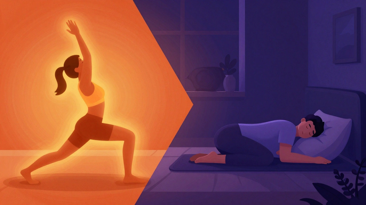 A conceptual split image comparing high-energy exercise with calming evening yoga.