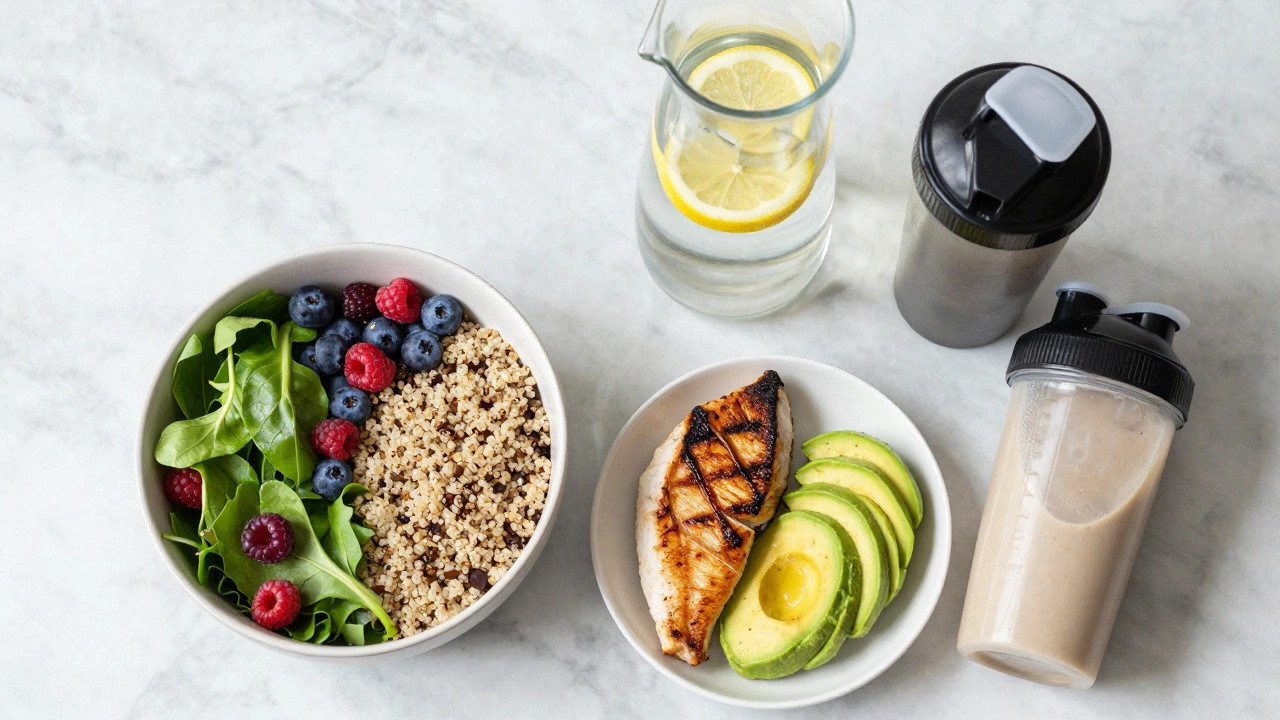 A healthy meal prep with quinoa, grilled fish, avocado, and a large glass of water