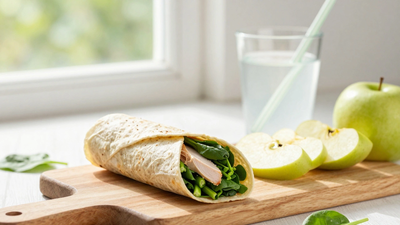 A healthy turkey wrap with apple slices and coconut water for optimal post-workout nutrition.