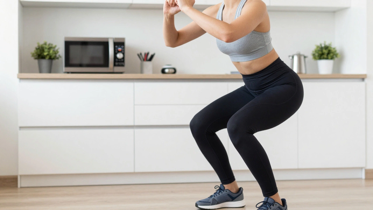 A person doing quick air squats in a kitchen as a short burst of exercise.