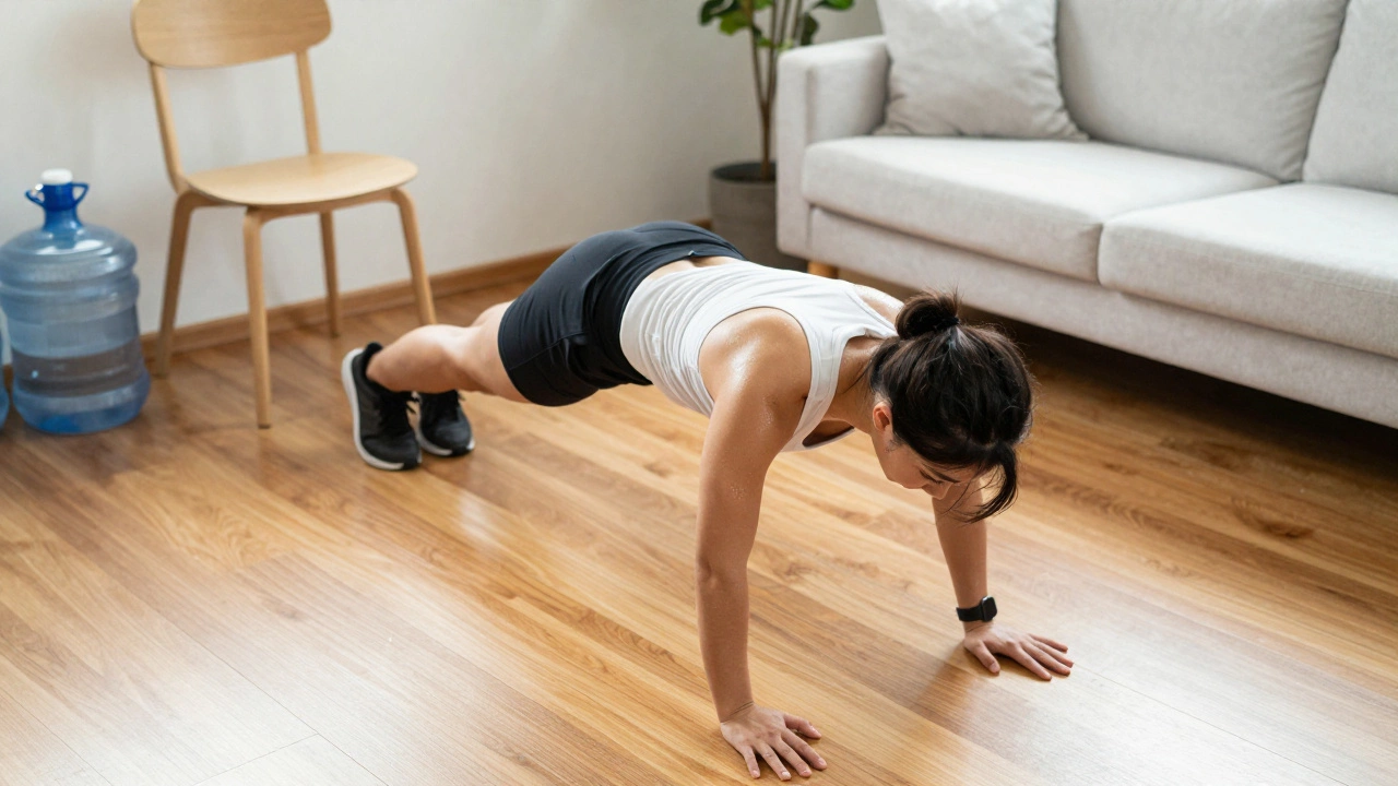 A person performing a high-intensity bodyweight workout in a bright living room