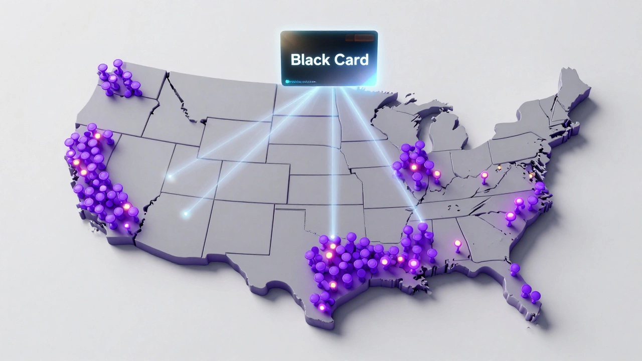 A US map with purple and yellow markers showing gym density and a floating membership card.