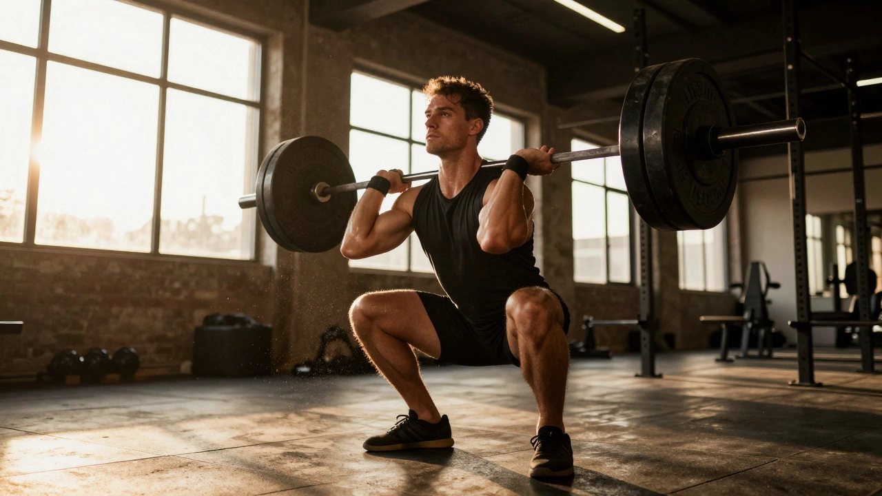 An athlete lifting heavy weights in a gym with warm afternoon sunlight streaming in.