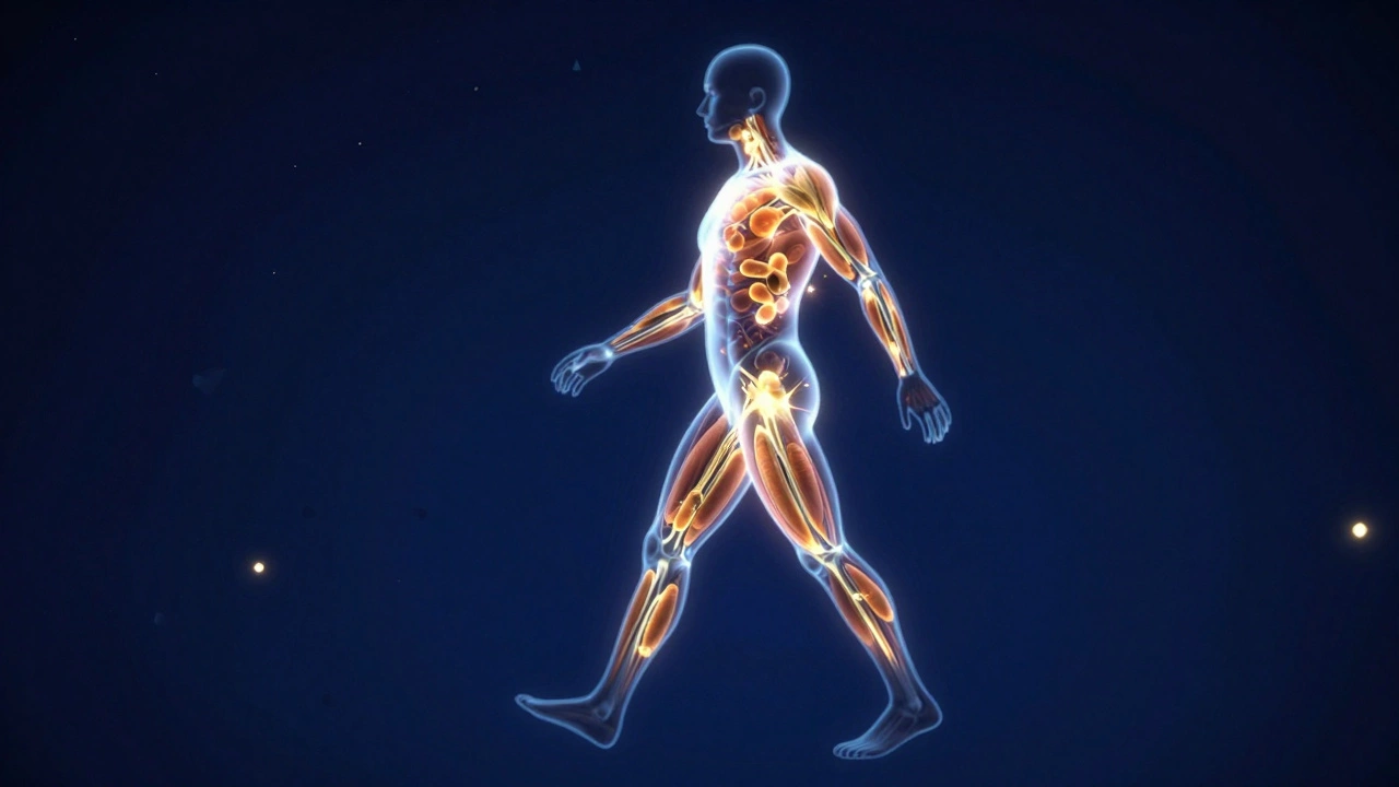 Artistic illustration of glowing cellular energy activating inside a human silhouette.
