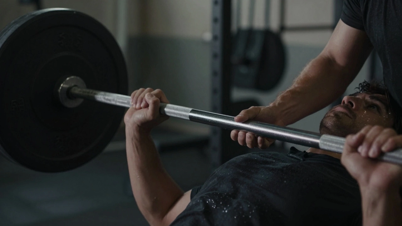 Close-up of a personal trainer correcting a client's form during a weightlifting exercise.