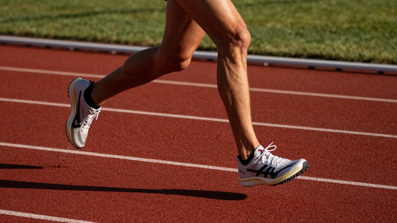 Close-up of a runner's shoes sprinting on a red track with dynamic movement and dramatic lighting.