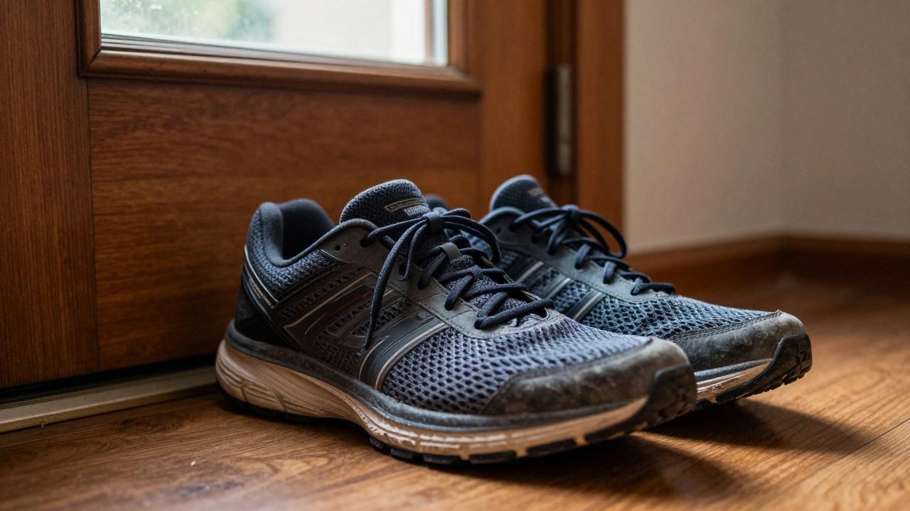 Close-up of worn running shoes placed by a door for a morning workout.