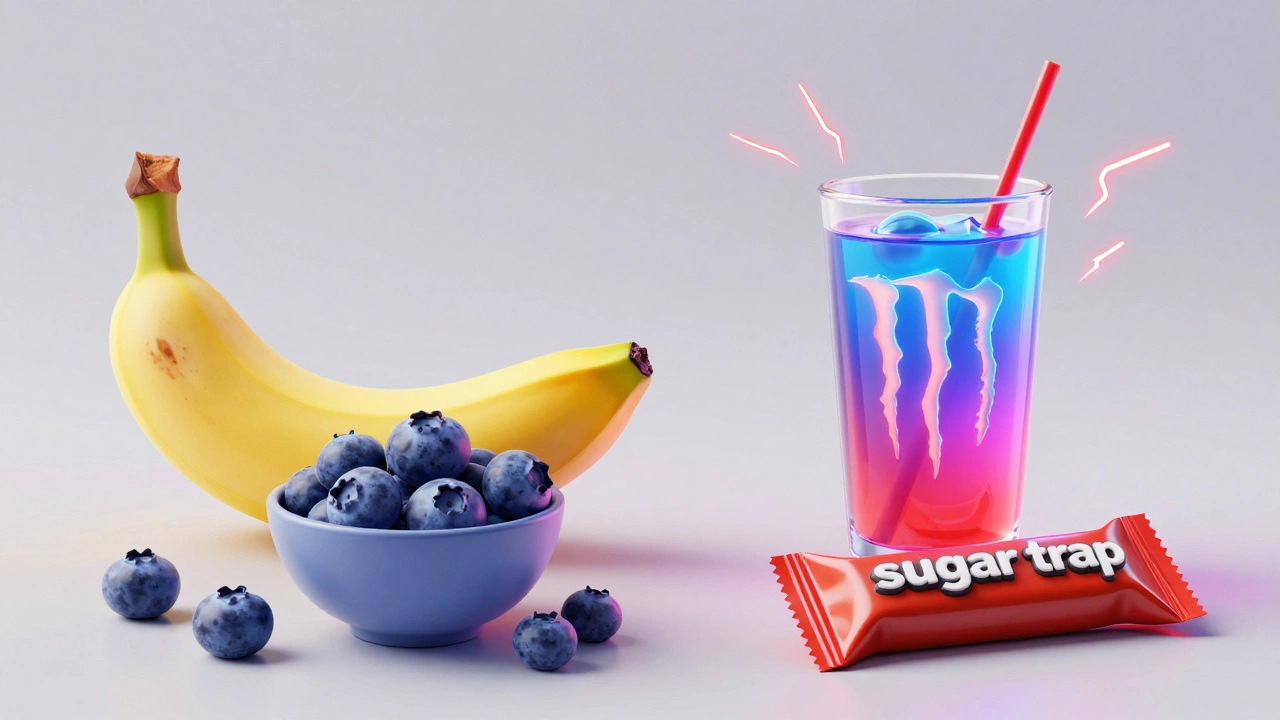 Comparison between healthy fruits and sugary snacks showing the impact on muscle recovery.