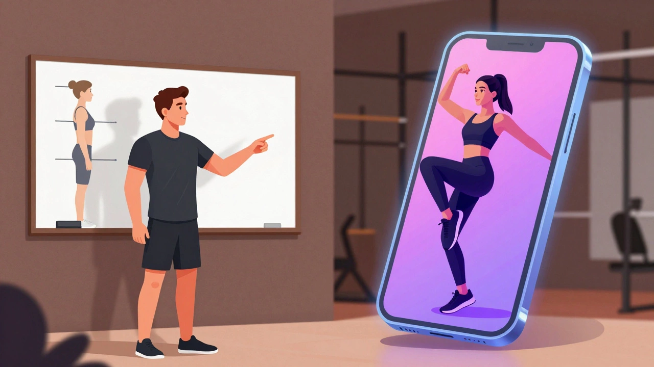 Digital art comparing a trainer's professional advice with a glowing social media fitness video.