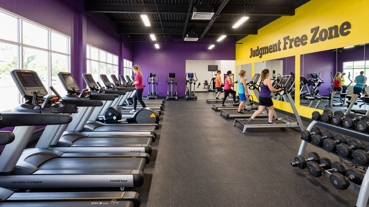Interior of a Planet Fitness gym featuring cardio machines and weight equipment in a purple setting.
