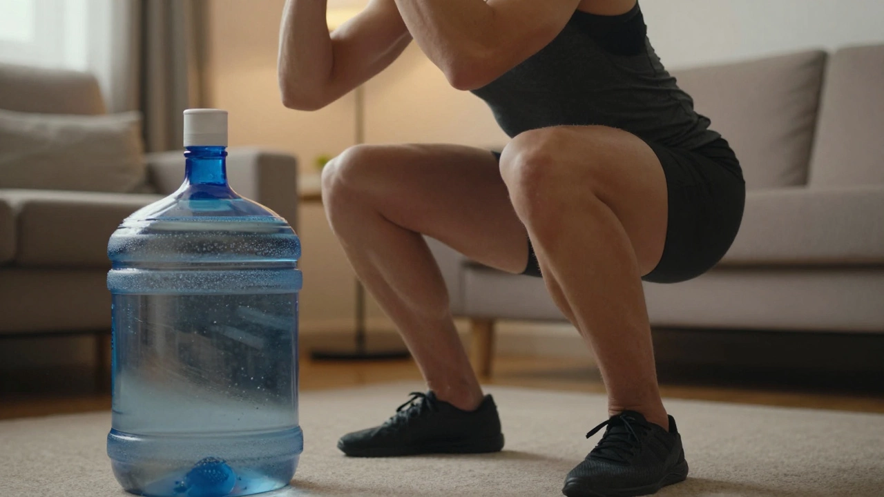 Person doing a goblet squat with a water jug for strength training