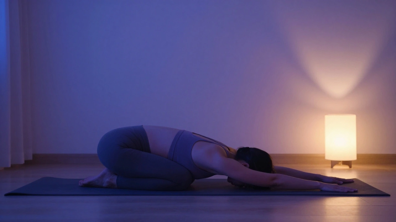 Person practicing gentle yoga in a dimly lit room for recovery