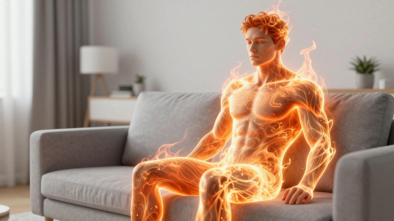 Person resting on a sofa with a glowing aura symbolizing calorie burn