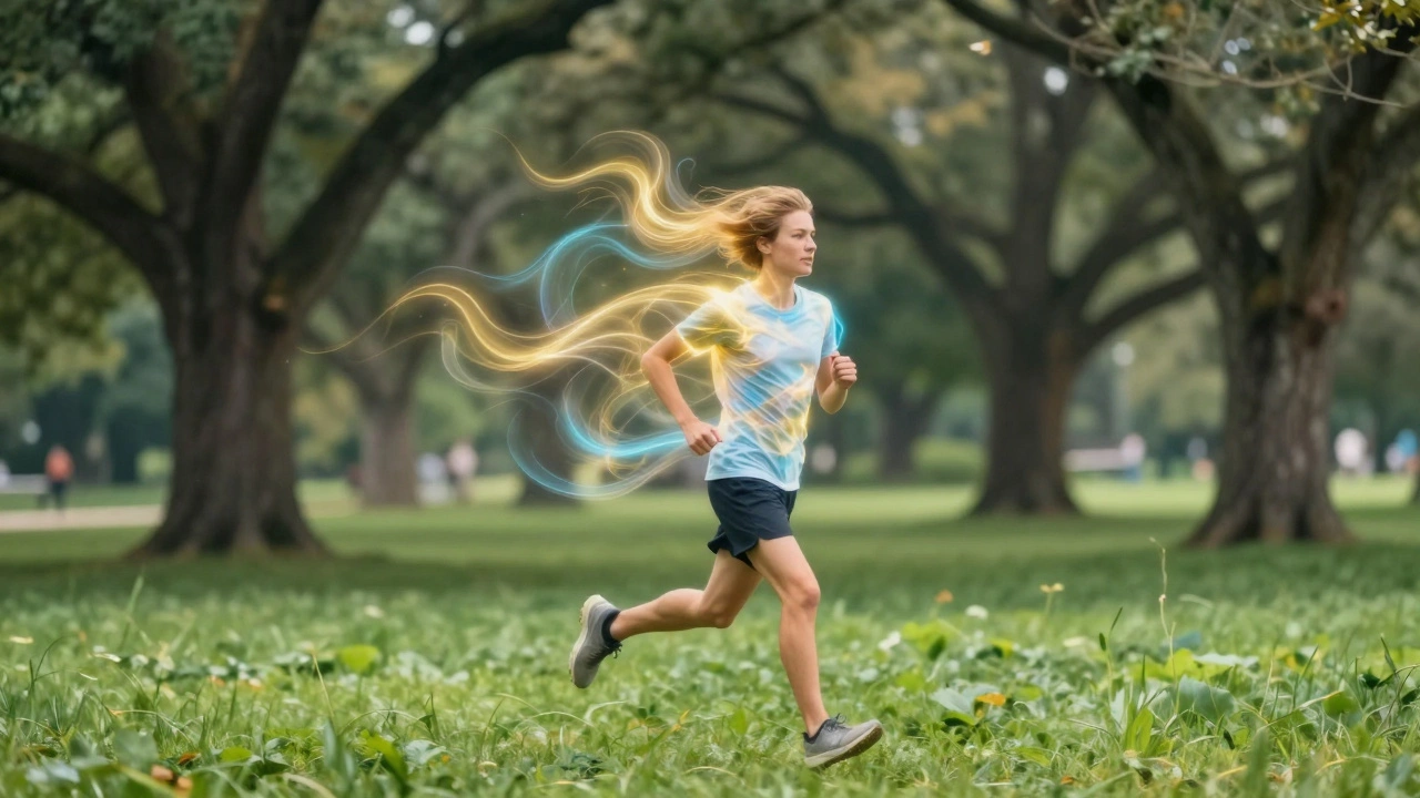 Runner in a green park surrounded by glowing ethereal waves of light.