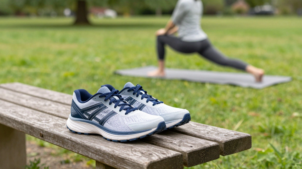 Running shoes on a park bench with a person stretching in the background for recovery.