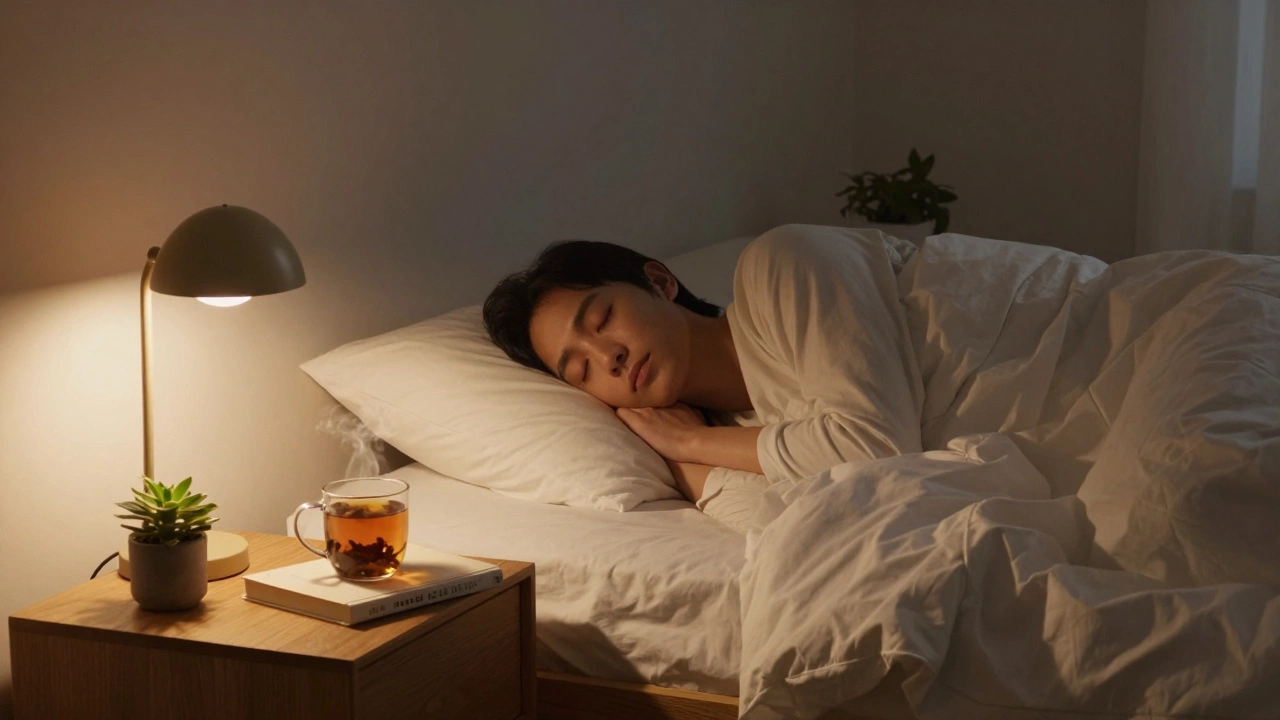 A person sleeping peacefully in a cozy, dimly lit bedroom, symbolizing total rest.