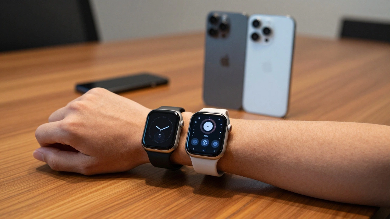 Apple Watch and Samsung Galaxy Watch on a desk near smartphones