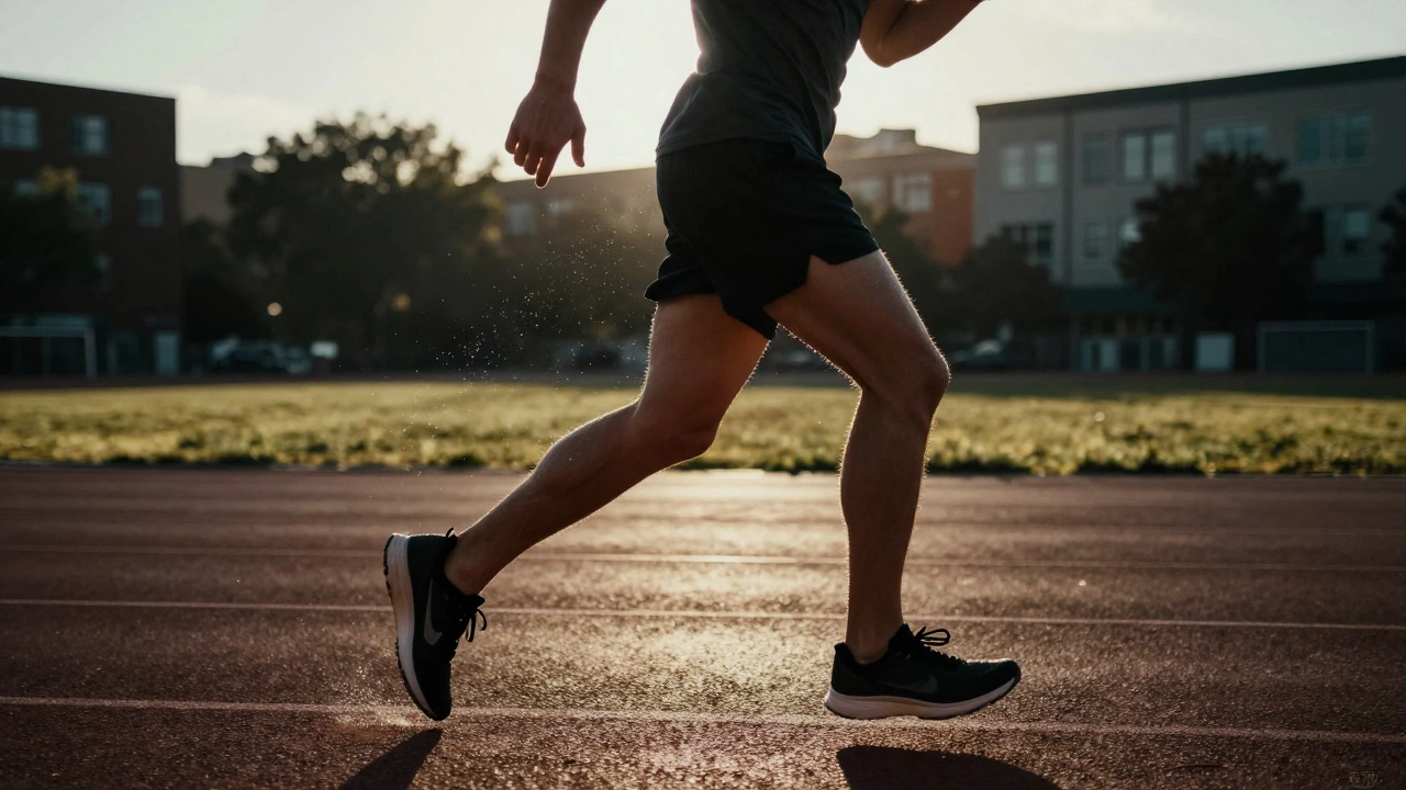 Athlete sprinting intensely on a track during HIIT workout