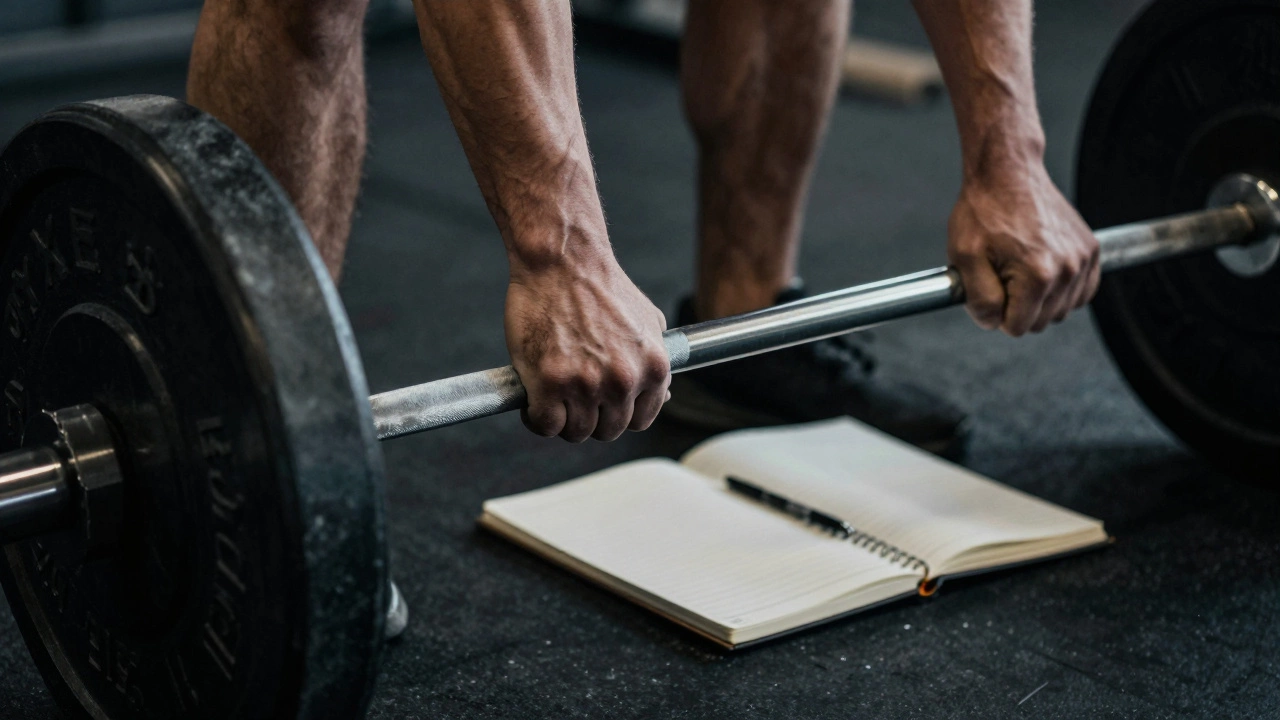 Chalked hands gripping a heavy barbell with plates