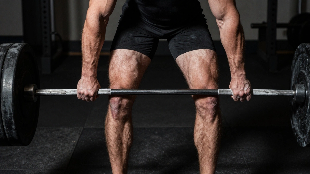 Close-up of hands gripping chalked barbell for deadlift