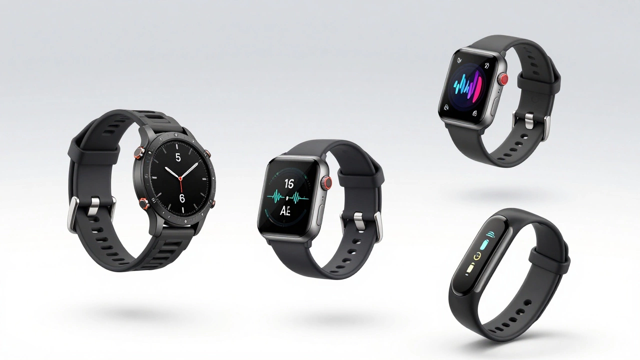 Four different types of fitness watches displayed against a clean background