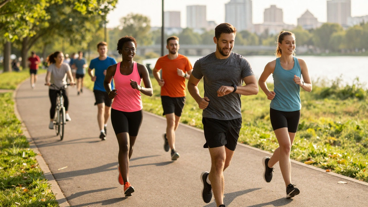 Friends jogging in park checking smartwatches at sunset