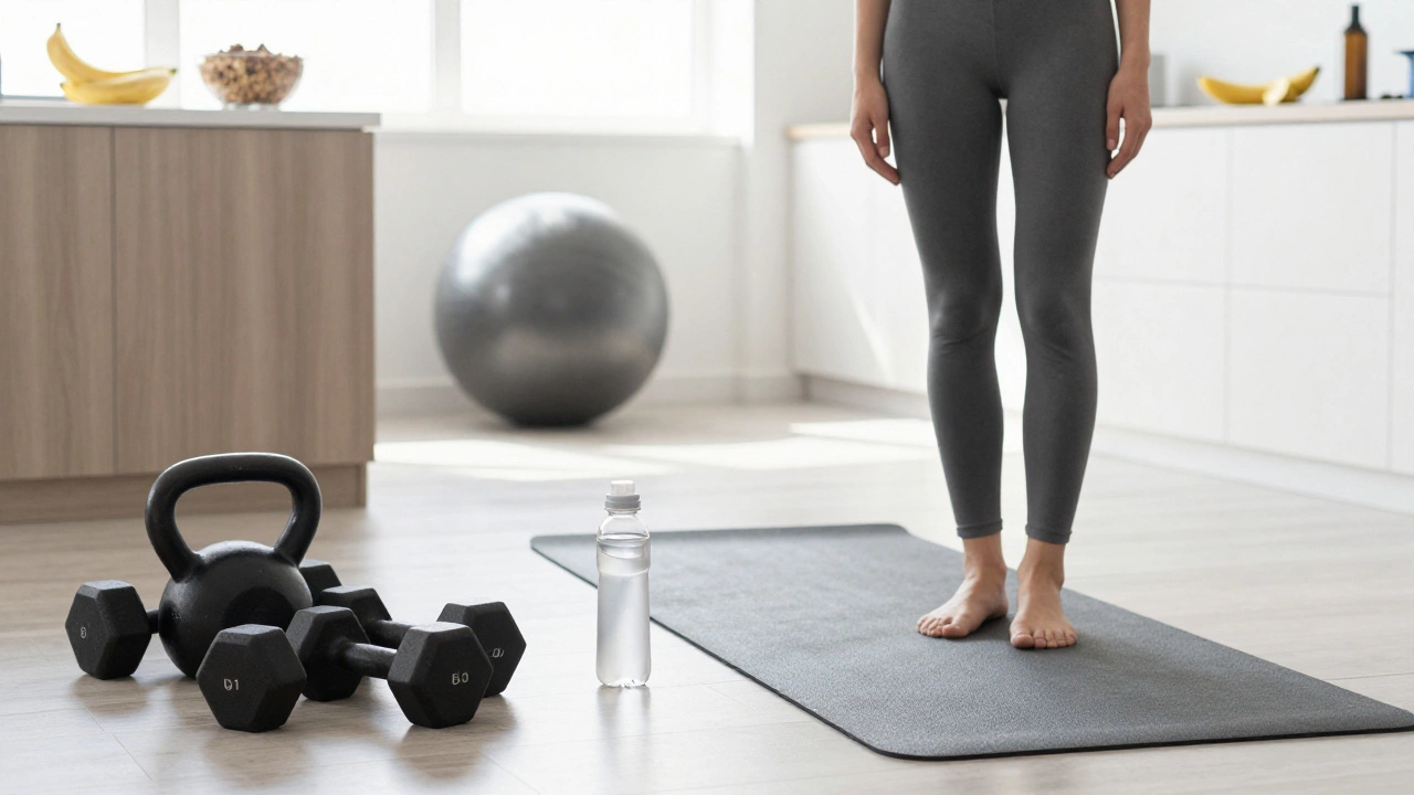 Home gym setup with weights, mat, and healthy pre-workout food