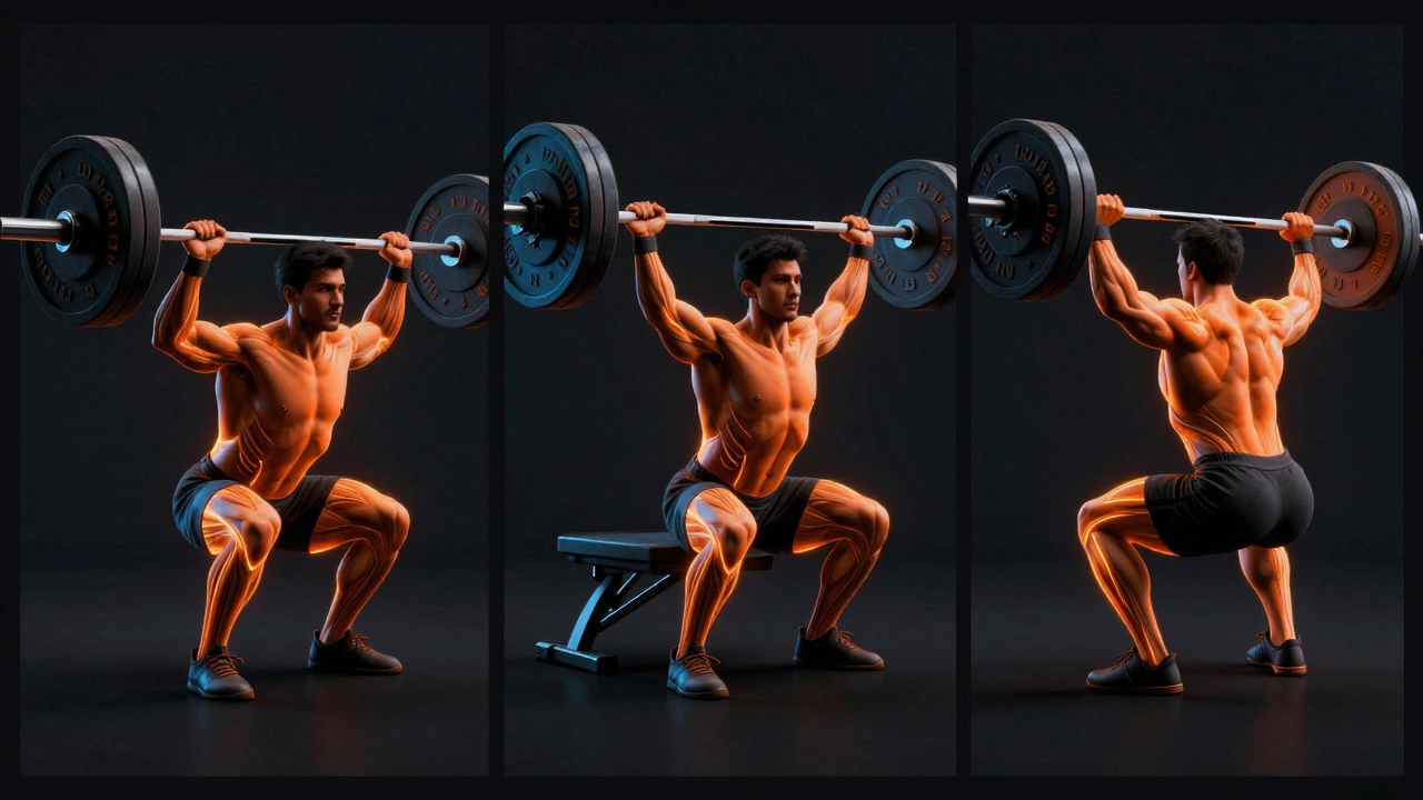 Illustration of squat, bench press, and deadlift exercises