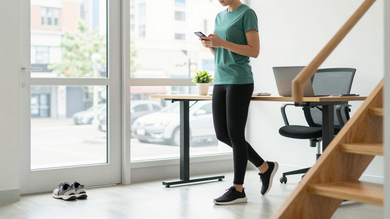 Office worker using standing desk and stairs for daily activity