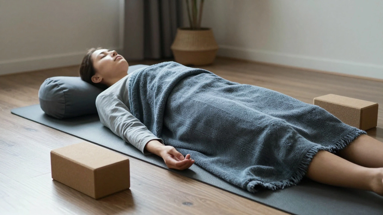Person resting in Savasana wrapped in a blanket for comfort
