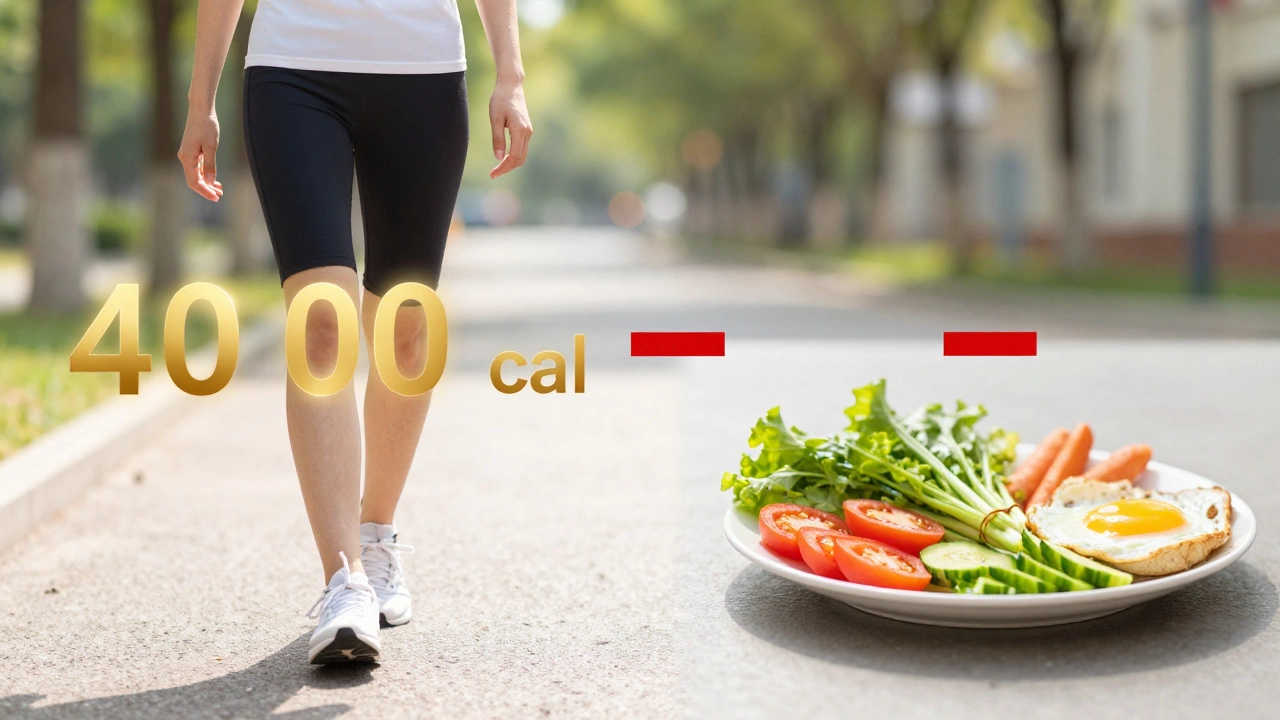 Person walking and healthy food showing calorie deficit balance