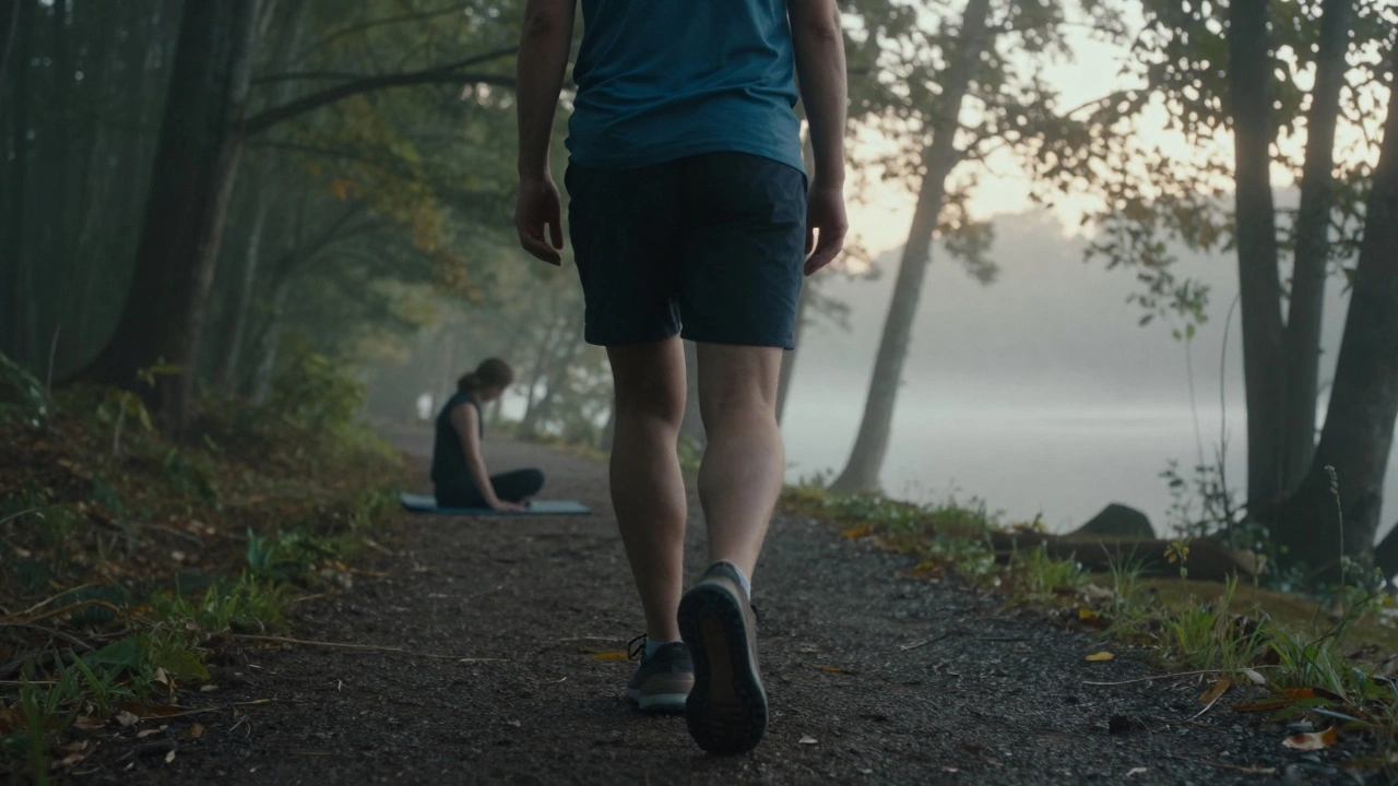 Person walking in a misty forest and another stretching by a lake, representing active recovery.
