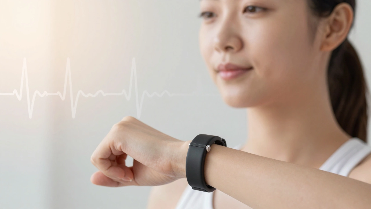 Person wearing fitness tracker with subtle health data overlays