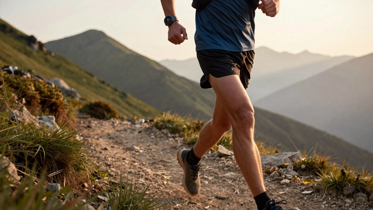 Runner on mountain trail wearing Garmin watch with training metrics