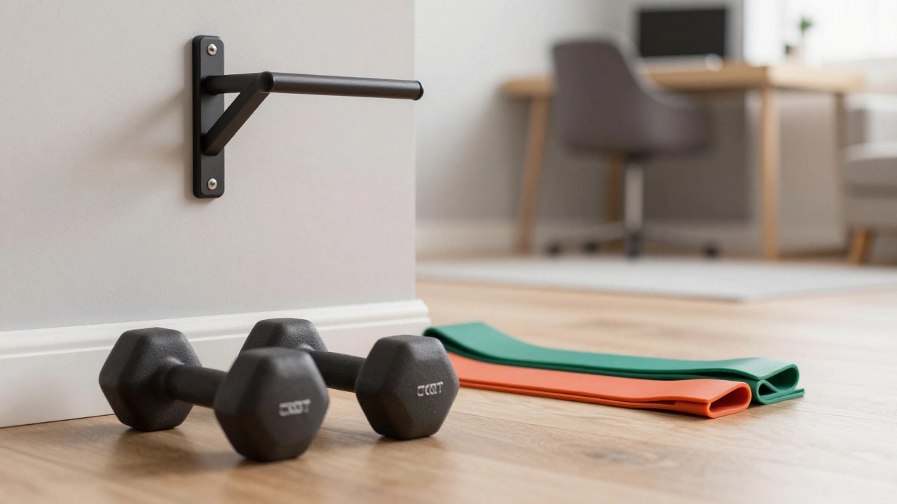 Adjustable dumbbells and resistance bands on wooden floor